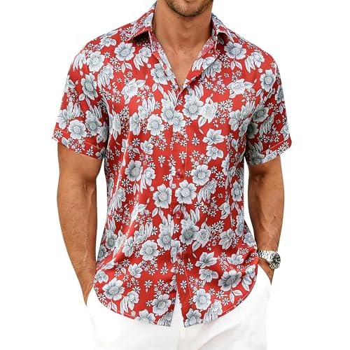 Men’s Hawaiian Shirt Short Sleeve Floral Button Down Casual Beach Vacation Party Shirt X-Small 00130_red Flower