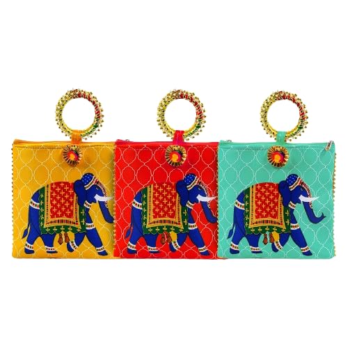 Image of Women Potli Bags Pack of 3 | Gifting Potli with Zip & Bangle Handle | Traditional Shagun Return Gifts Potli for Mehandi, Haldi, Baby Shower, Wedding, Sangeet (Elephant Print)
