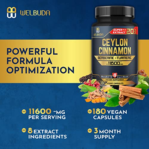 8In1 Ceylon Cinnamon Supplement Extract, Equivalent To 11600Mg - Blended Berberine, Turmeric, Ginger, Gymnema Sylvestre & More - 180 Capsules For 3 Months - Heart Health, Brain & Immune Support #TOP4