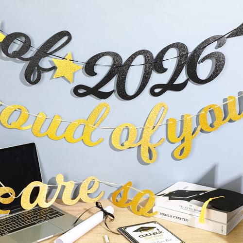 Image of Graduation Banner, Class of 2026 Pre-Strung Black Gold Glitter Banners We Are So Proud of You Graduation Garland for Congratulation Graduations School Home Party Decorations