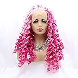 xiweiya Long Curly Ombre Pink Mixed White Pink Lace Front Wigs Pink Curly Synthetic Lace Front Wig Loose Kinky Soft Lace Wig Heat Resistant Fiber High Density For Women 20inch