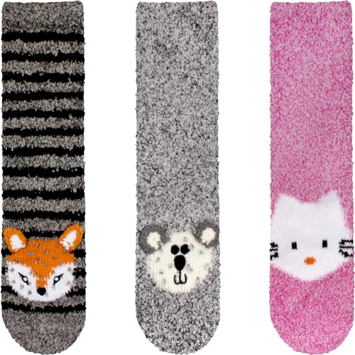 BambooMN Super Soft Warm Cute Animal Face Non-Slip Fuzzy Crew Winter Home Socks, Value Pack