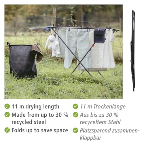 WENKO Wäscheständer 11 m Trockenlänge, klappbarer Wäschetrockner platzsparend für kleine Räume, Stahl schwarz, Mod. Solo Champion – Bild 3