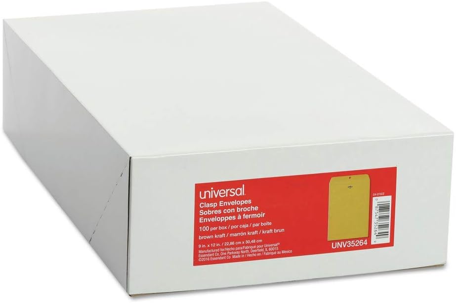 Universal 35264 Kraft Clasp Envelope, Center Seam, 28lb, 9 x 12, Brown Kraft, 100/Box