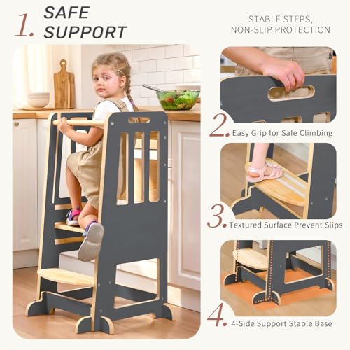 Image of WINGYZ Toddler Tower - Anti-Tip Natural Wood Learning Stool Helper for Kids 18M-6Y, 150lb Capacity Kitchen Stool with 3-Height Adjustable Platform and Sliding Door Access, 20lb Portable Design, Black