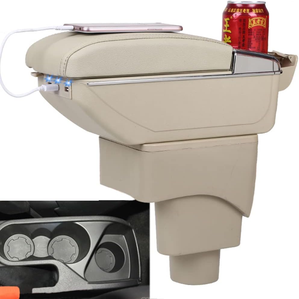 Leather Car Center Console Armrest Box for Ford Ecosport 2013 2014 2015 2016 2017 Armrests Storage Box (Beige with 7USB Ports)