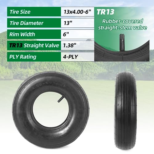 Image of (2 Sets) 4.00-6 Replacement Pneumatic Tires and Inner Tubes - Universal Fit 13 inch Tires and Tubes Compatible with Wheelbarrows and Gorilla Carts - With Ribbed Treads and TR13 Straight Valve Stems