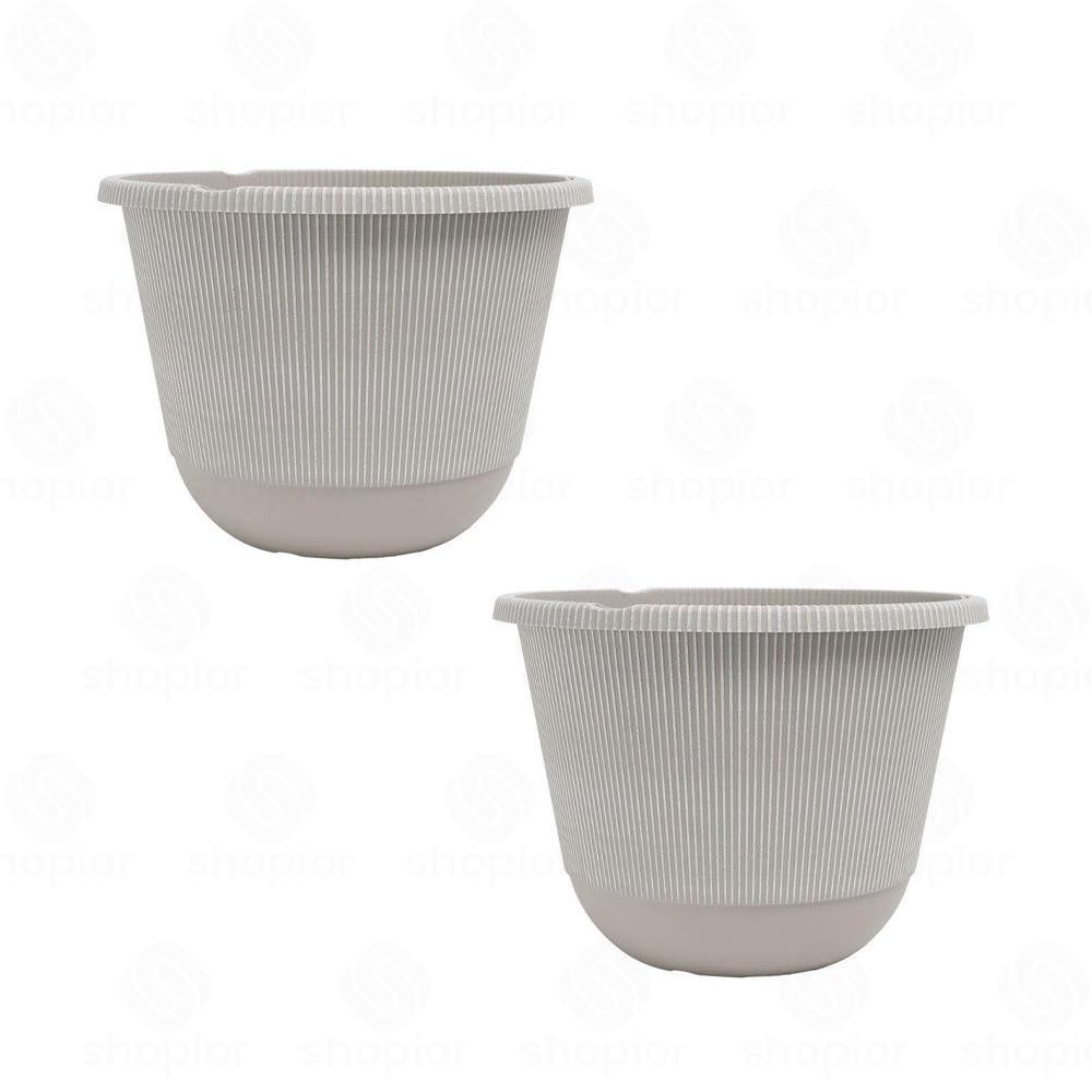 Jake Faux Ribbed Planter Variety – Modern Stone Effect Plant Pots, Decorative Outdoor Indoor Flower Planters, Round, Tall, Square & Urn Garden Containers (30cm-Round-Powdered Beige Grey-Pack 2)