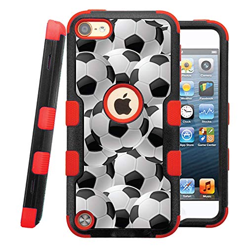 Casecreator TUFF Hybrid Rubber Hard Snap-on Case for iPod Touch 5th / 6th - Red Black Soccer Balls