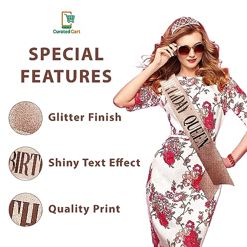 Image of Curated Cart Silver Crystal Crown for Women and Girls - Elegant Sparkling Tiara with Rose Gold Glitter Birthday Queen Sash, Perfect for Birthday Parties, Bridal Showers, and Special Occasions