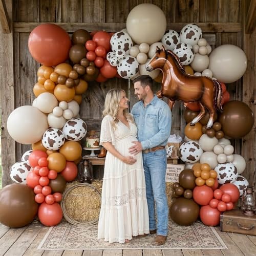 Image of 148Pcs Western Balloon Arch Garland Kit with Red Brown White Cowprint Horse Balloons for Boy First Rodeo, Wild West Country Birthday Decorations, Farm Fiesta Party Decor