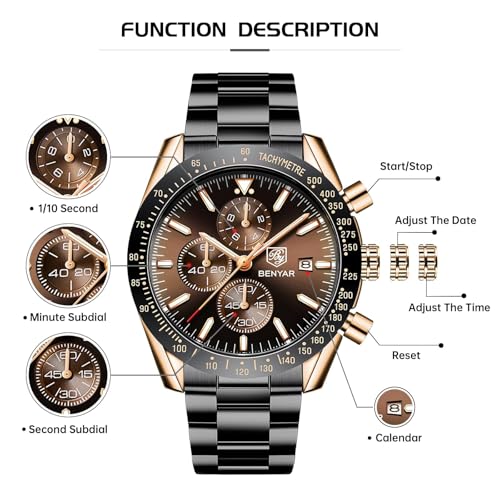 BENYAR herrenuhr Braun Leder Strap Chronograph Quarz Uhr Männer Datum Kalender Wasserdicht Armbanduhr Herren Sport mit Blau/Schwarz Zifferblatt Elegantes Geschenk – Bild 6
