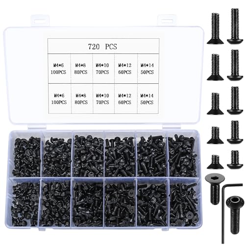 Juego de Tornillos de Cabeza Hexagonal Socket, 720 Piezas M4 Tornillos de Avellanados para Máquina, Tornillos de Cabeza Plana para Máquina Métrica de Impresora 3D - 6/8/10/12/14 mm (negro)