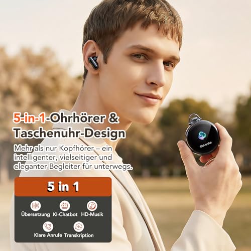 N03 Übersetzer Kopfhörer mit KI Chatbot, HiFi-Klang Übersetzungskopfhörer 134 Sprachen & 9 Modi - Bluetooth 6.0 Taschenuhr-Stil Kabellose Kopfhörer mit Touchscreen für Büro, Sport, Studium (Schwarz)