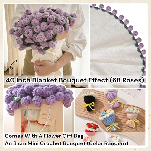 Manta de ramo de flores de ganchillo hecha a mano morada de 40 pulgadas 3