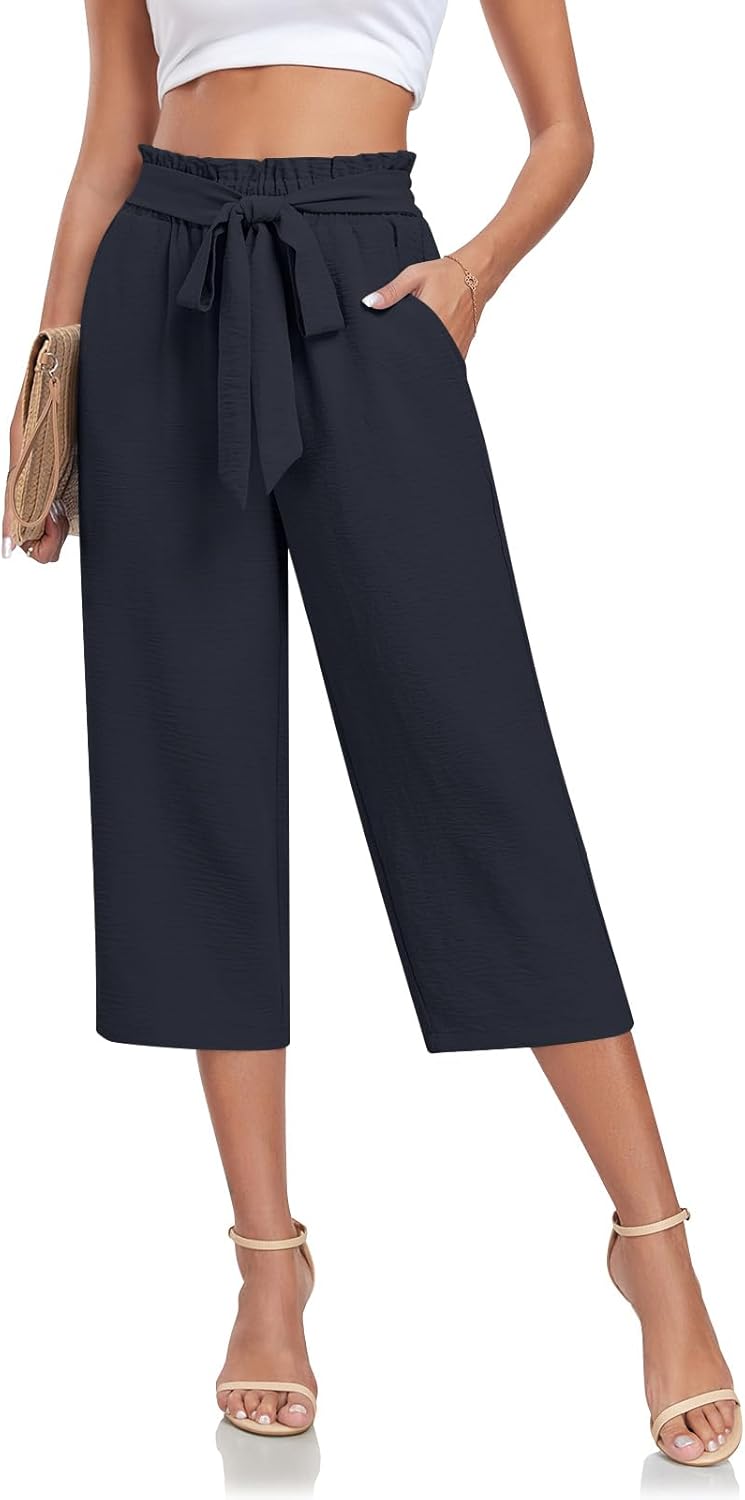 Aodemo Women‘s Plus Size Capri Pants Wide Leg High Waist Tie Knot Pants Casual Palazzo Trousers with Pockets - Image 2