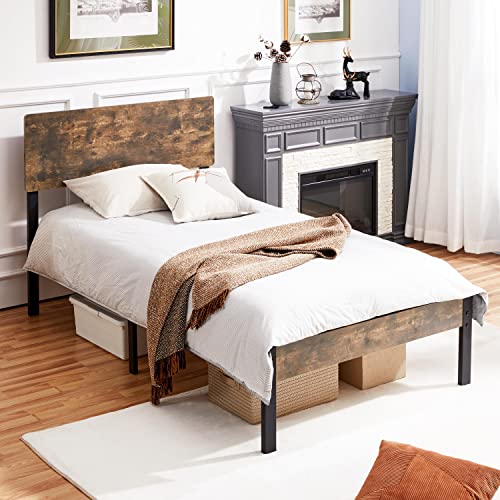 Yaheetech Metal Platform Bed Frame Twin With Wood Headboard And Iron Slats, Rustic Country Bed Base With Mattress Foundation/Strong Slats Support/12 Inch Underbed Storage/No Box Spring Needed, Brown #TOP2