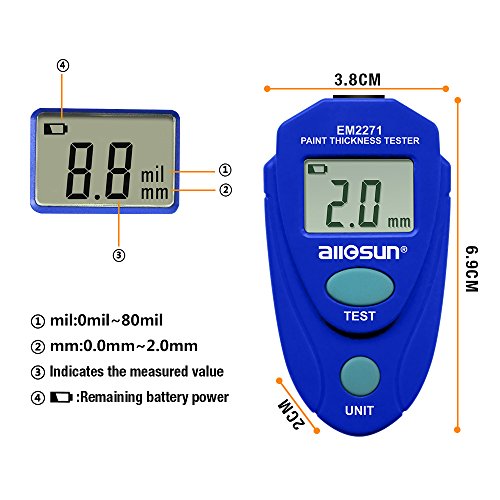 Allsun Paint Thickness Gauge Automotive Digital Car Coating Thickness Meter Calibration Data Hold Resolution 1Mil #TOP3