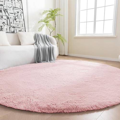 Tapete redondo esponjoso lavable 4' rosa miniatura 1