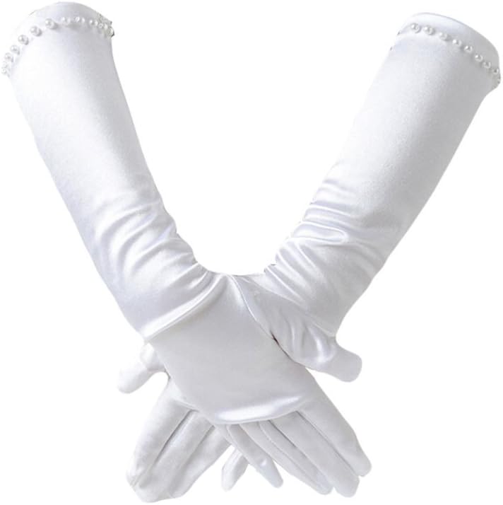 Kids Girl Pincess Pearl Long Satin Gloves First Holy Communion Halloween Costume Birthday Party Gloves for 6-10yrs