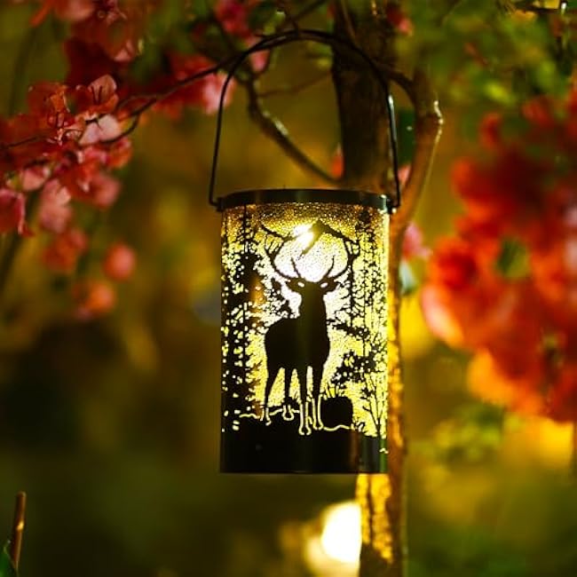 Solar Lantern Outdoor Waterproof Deer Garden Decor Birthday Gifts for Women Mom Grandma Hanging Solar Lights Metal Decoration Outside for Yard Patio Backyard Porch