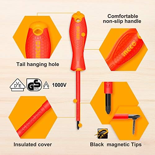 INGCO 9Pcs 1000V VDE Insulated Hand Tools Set with 5Pcs Insulated Screwdriver and 3Pcs Insulated Plier Set 1Pcs Test Pencil HKTV01H091