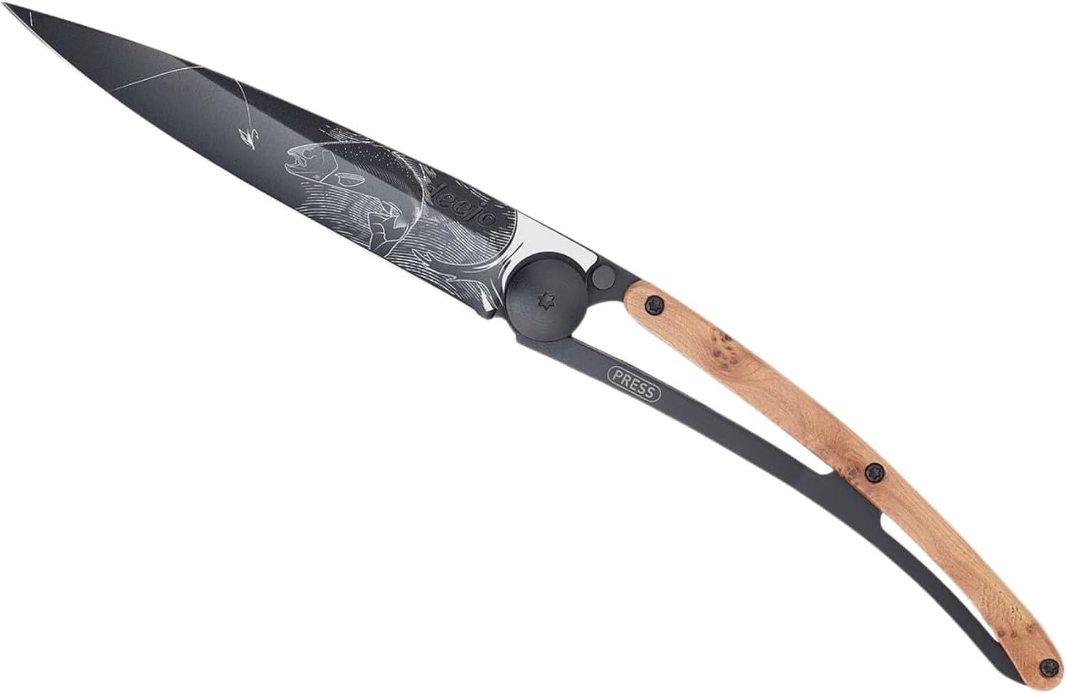 deejo - 37G Folding Pocket Knife with Belt Clip - Trout Design, 3.7-Inch Stainless Steel Blade, Black Titanium Finish, Juniper Wood Handle - Lightweight Everyday Carry for Home, Work, and Outdoor Use