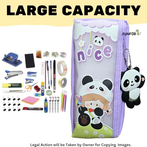 Image of Funfob Panda Pencil Pouch for School College for Pen Pencil Panda Pencil Box Travel or Cosmetic Case | Panda Pouch Keychain Purple