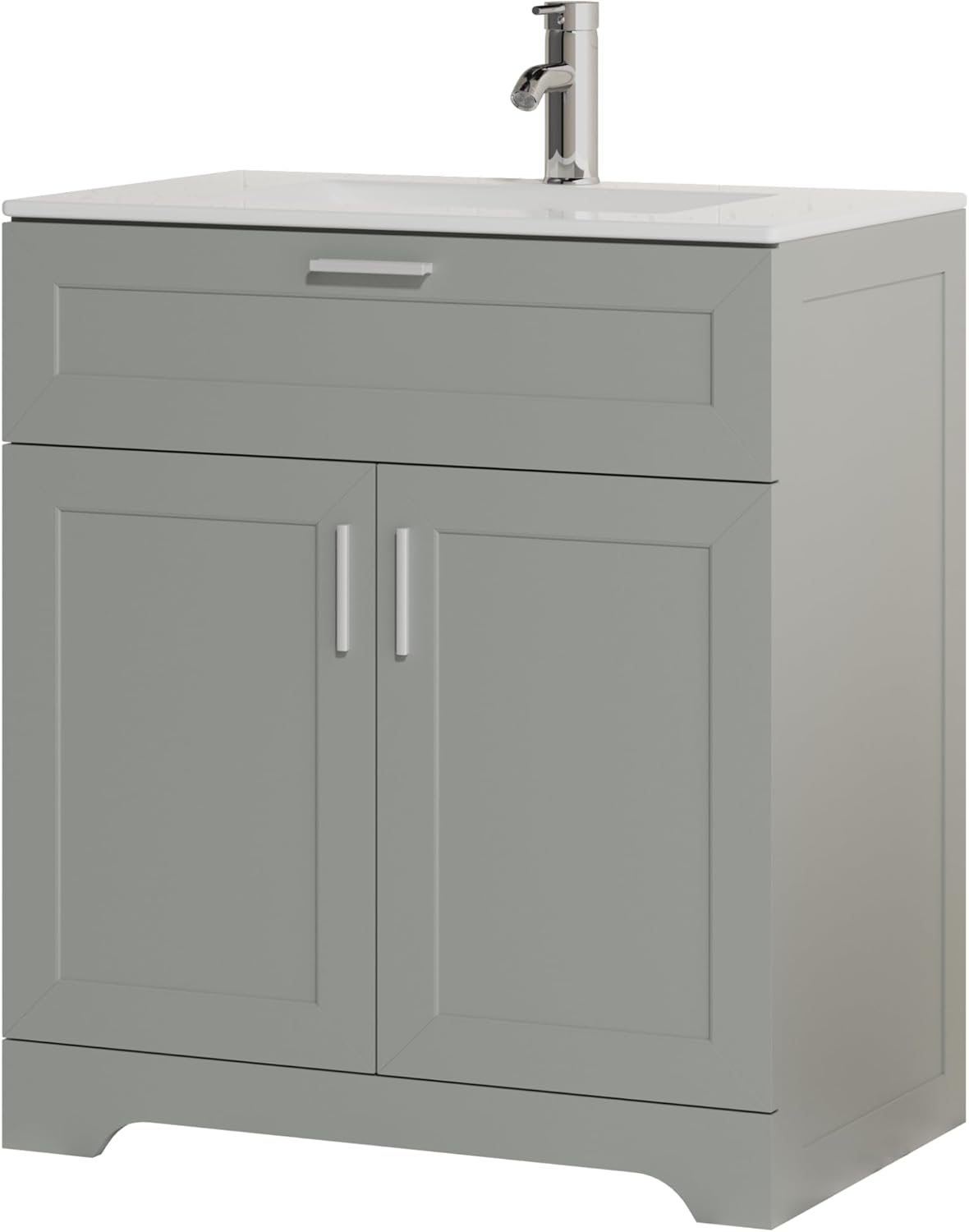 30 Inch Bathroom Vanity with Ceramic Sink, Under Sink Vanity Cabinet, Freestanding Vanity for Bathrooms, Bathroom Storage Vanity with 2 Doors and1 Drawer (Grey, 30", with Sink)