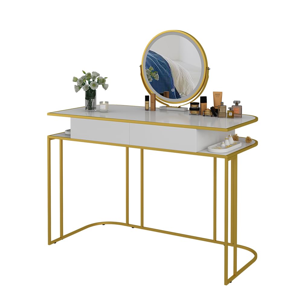 Vicco Tavolo da toilette Tiara, Bianco/Oro, 110 cm, con illuminazione LED e specchio regolabile in altezza
