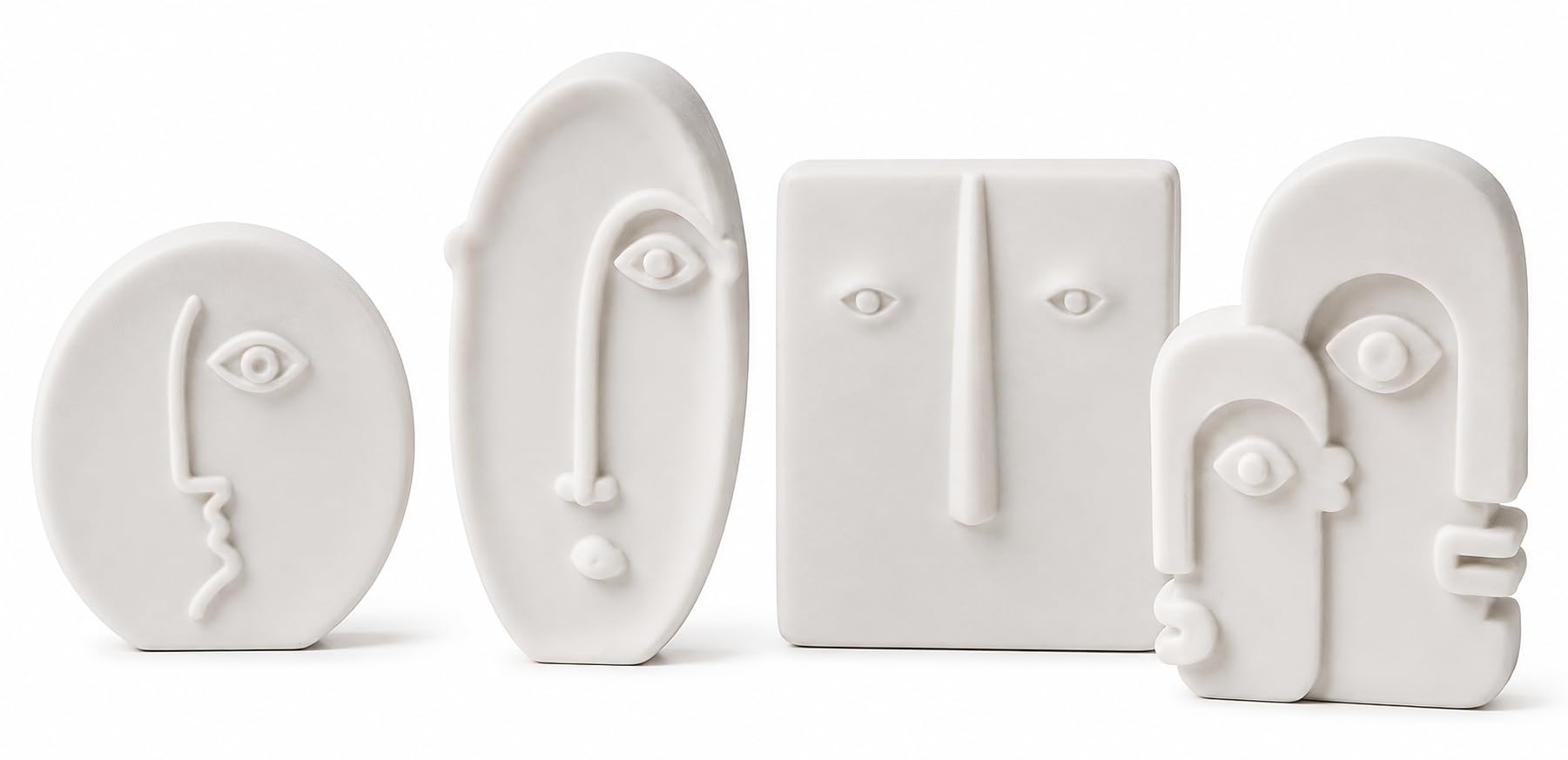 FARAMIR STORE Handcrafted Abstract Face Sculpture Set of 4 White Stone