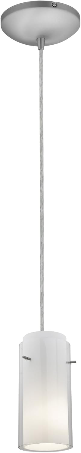 Glass`n Glass Cylinder Pendant - Cord - Brushed Steel Finish - Clear Opal Glass Shade