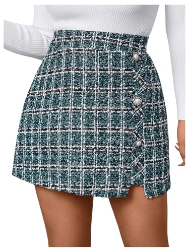 Floerns Falda de tweed corta con botones en la parte delantera y elegante para mujer, talla grande, Verde, 3XL/ más