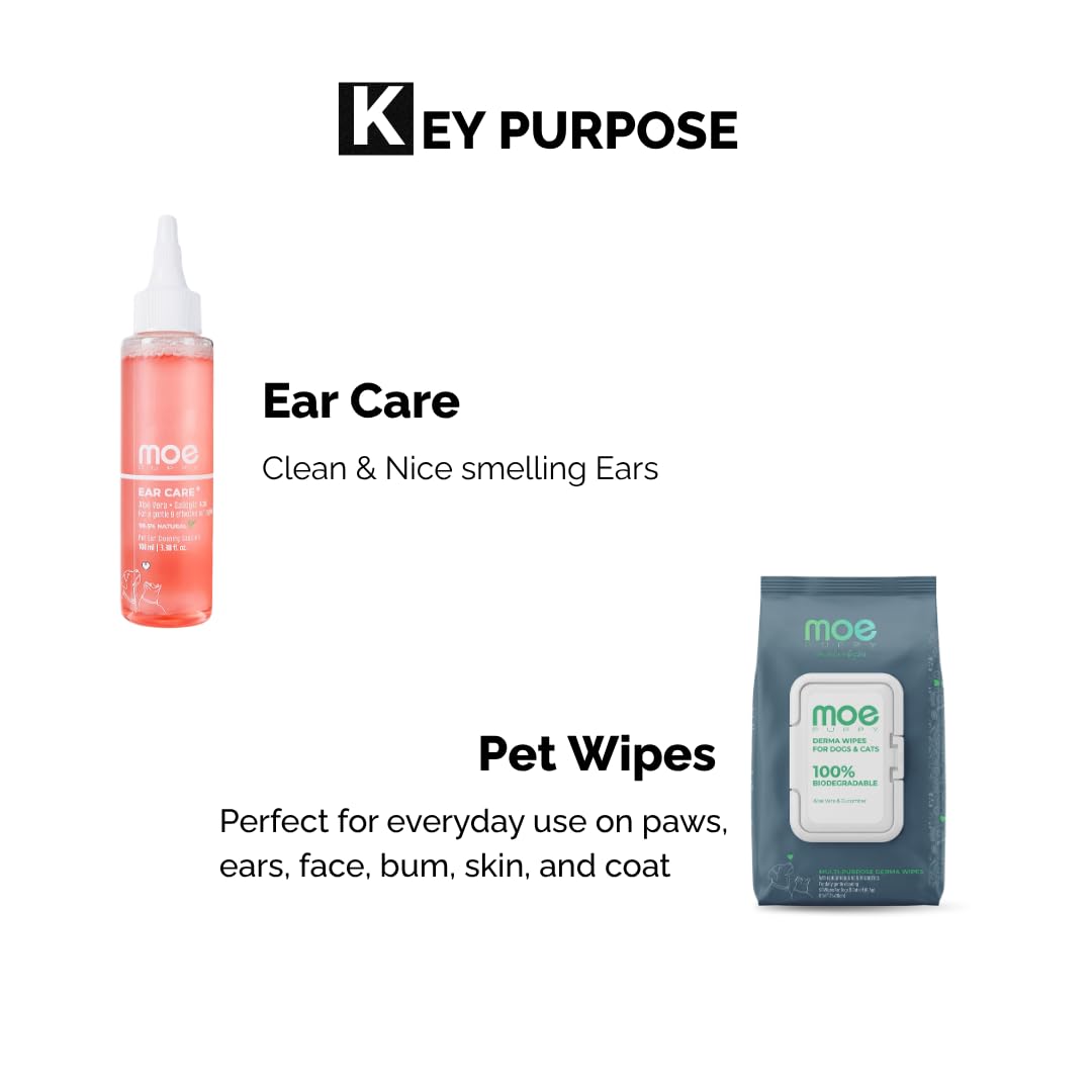 Moe Puppy Ear & Skin Hygiene Essentials Combo for Dogs & Cats | Ear Cleaning Solution + Derma Wipes | Helps Remove Dirt, Wax & Odour | Daily Pet Hygiene Care — Amazon image 2