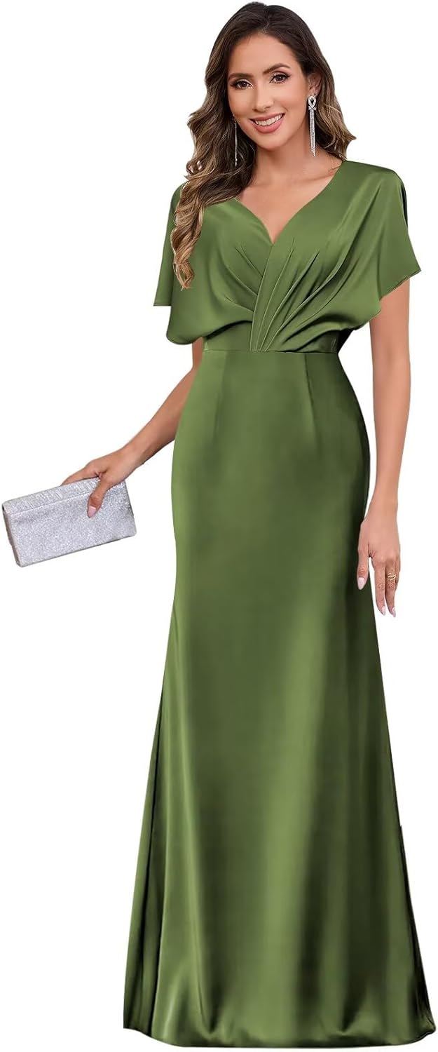 Long Satin Mother of The Bride Dresses for Wedding V-Neck Ruffles Sleeves Formal Dresses for Women