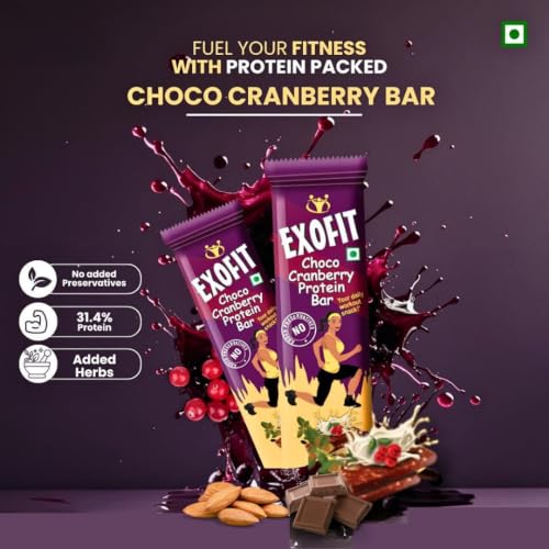 Image of Exofit Choco Cranberry Protein Bar 35 gm (Pack of 4 Bar) Protein Blend, High fiber, Low Calories & Carbs, No Added Preservatives, No Added Sugar - 140g