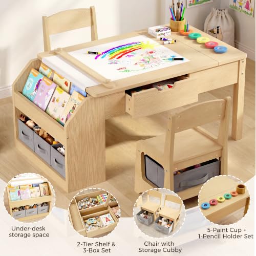 5-in-1 Kids Art Table and Chairs Set, Convertible Toddler Table and Chair Set with Art Easel, Paper Roll Holder, Storage Drawers and Craft Play Desk, Wooden Activity Learning Table for Kids, Wood by MapleGrace - Used condition - Image 3
