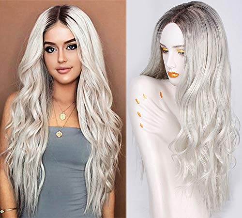 AISI QUEENS Platinum Blonde Wig Synthetic Long Curly Wavy Wig 28 inch Middle Parting Wig Ombre Color Wig for Women Daily Party Full Wigs