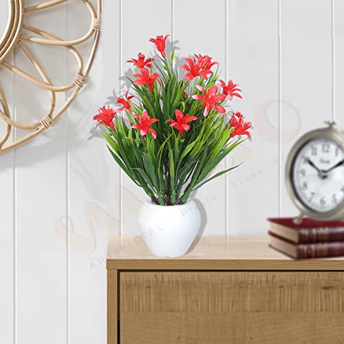 Image of Modo Wheat Grass Artificial Buttercup Flowers Plant with Round Pot for Office,Home,Indoor Decore /Guldasta-21 CM (Red,1 Piece)