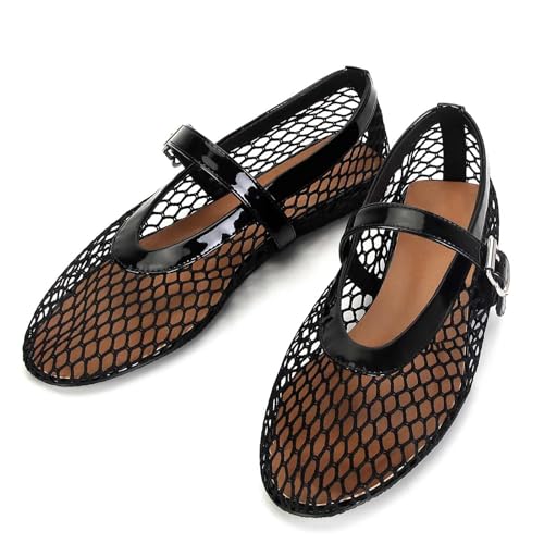 Image of MICIFA Women's Mesh Ballet Flats Fishnet Ballerina Flats Buckle Strap Mary Jane Causal Daily Dress Shoes