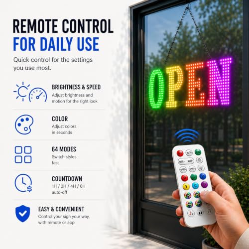 Image of 48 inch x 16 inch Large LED Open Sign for Business - Smart App & Remote Control, Timer, Custom Colors & Brightness - High Visibility for Storefronts, Restaurants, Bars, Salons, Cafes