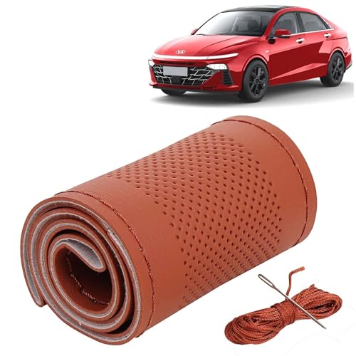 Image of KINGSWAY PU Leatherite Car Steering Cover Sewable Compatible with Hyundai Verna (Year 2023 Onwards), Tan Color with Tan Thread, Pack of 1 with Sewing Needle and Thread