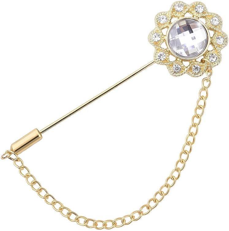 Crystal Brooch Pin Mens Flower Lapel Pins for Suits Gem Brooch Pins Rhinestone Lapel Pin With Chain for Men Wedding Anniversary Birthday Gifts for Husband Dad Friends