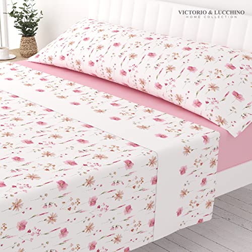 Victorio & Lucchino Juego de Sábanas Estampadas de Verano Algodón/Poliéster (Cama 90cm (1 Almohada), Matilde - Rosa)