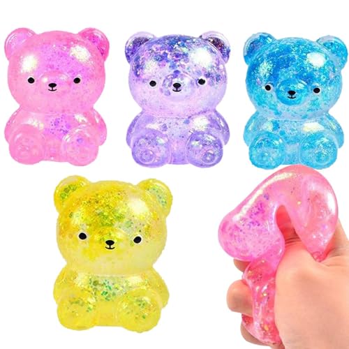 4 Pieces Glitter Bear Squeeze Toy, Gummy Bear Squishy Fidget Toys, Stretchy Squeeze Bear With Glittery Sequin For Boys And Girls, Great As Festival Favor Or Easter Egg Stuffer For Babies Kids