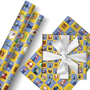 PADIEOE Mario Wrapping Paper 2 Roll 17″ x 118″ Gift Wrapping Paper Durable Surprises Gift Wrap Pack for Kids Birthday, Party Storage Festive Decoration