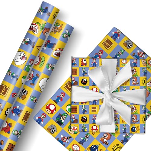 PADIEOE Mario Wrapping Paper 2 Roll 17" x 118" Gift Wrapping Paper Durable Surprises Gift Wrap Pack for Kids Birthday, Party Storage Festive Decoration