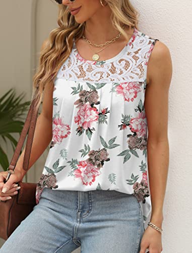Image of Saloogoe Summer Tank Tops for Women Loose Fit Pleated Tunics Scoop Neck Sleeveless Lace Tops Curved Hem Flowy
