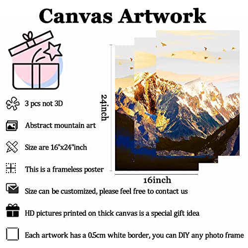 Abstract Canvas Wall Art Mountains Landscape Picture Flying Bird Print Blue Mountain Range Poster Landscape Snow Mountain Artwork Abstract Landscape Painting Gold Foil Art Canvas 16X24Inchx3 No Frame #TOP2