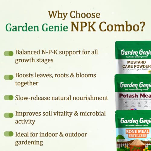 Image of Garden Genie Plant Nutrient Combo (NPK), 2 Kg | Mustard Cake Powder (N) + Bone Meal Powder (P) + Potash Meal (K) Combo | Slow Release NPK Fertilizers for Growth, Root Strength & Bloom Support